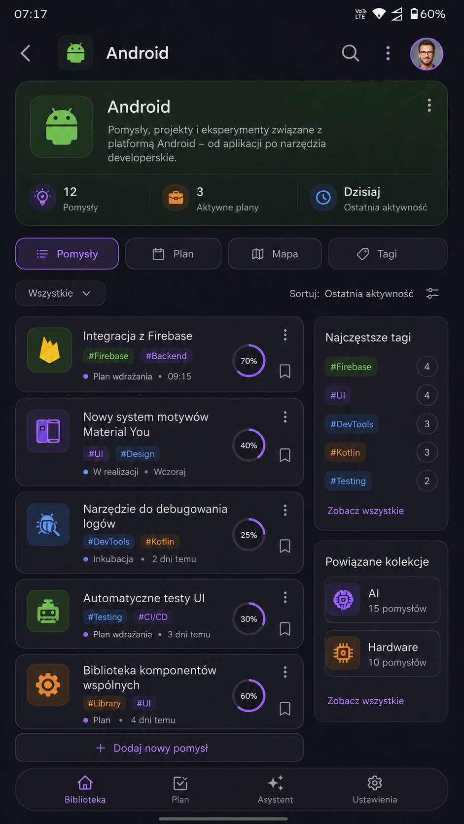 Proposed Idea AI Book Android Space redesign with ideas, plan, map, tags and related collections