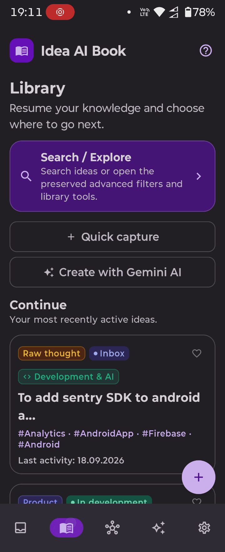 Idea AI Book Library Home on Android with Search Explore, Quick capture, Gemini AI and recent ideas