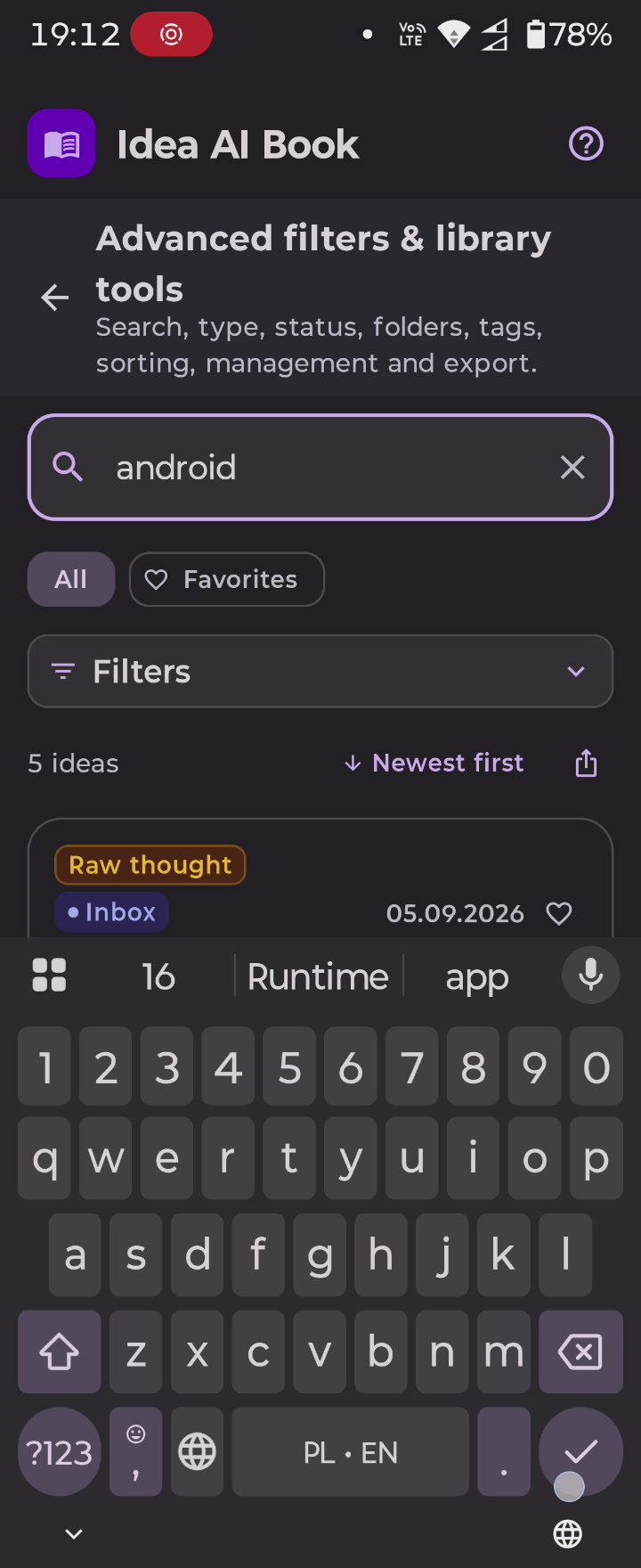 Idea AI Book Search Explore screen on Android with an Android query, advanced filters and five results